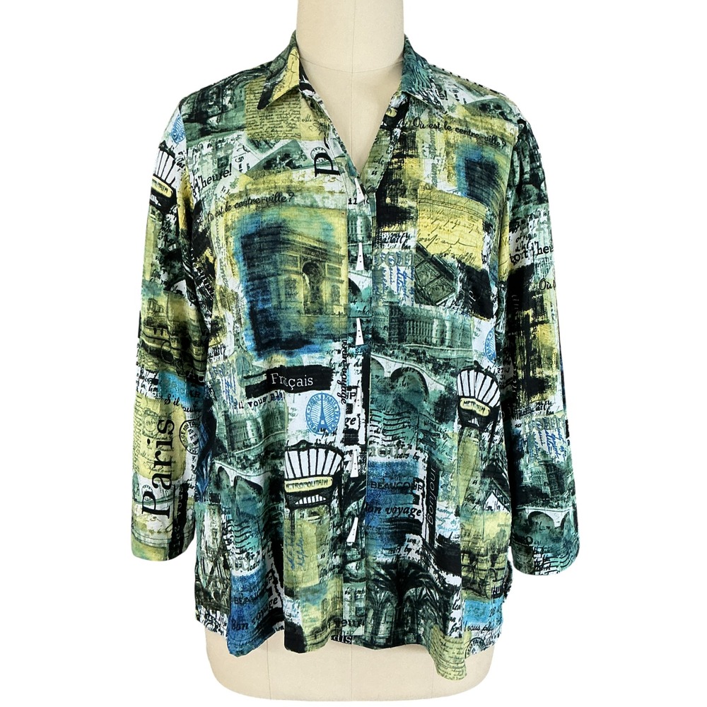 Ali Miles Button Up Shirt Tunic Top 2X Roll Tab Sleeves Parisian Postcard Print